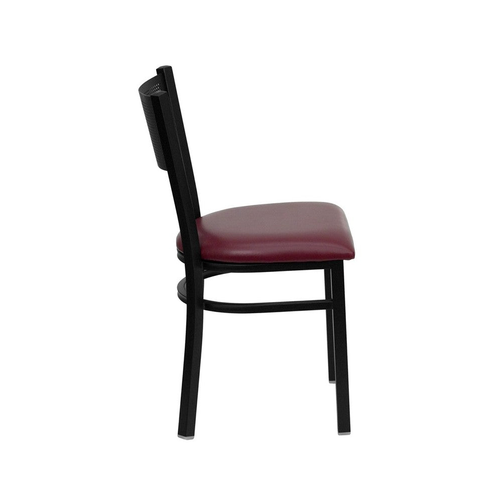 Black Grid Back Metal Restaurant Chair - Burgundy Vinyl Seat