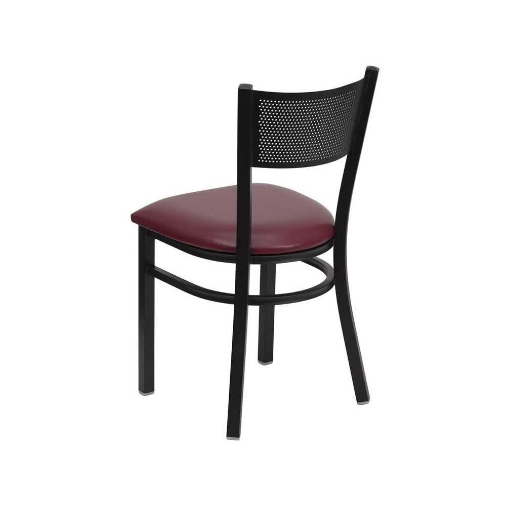 Black Grid Back Metal Restaurant Chair - Burgundy Vinyl Seat