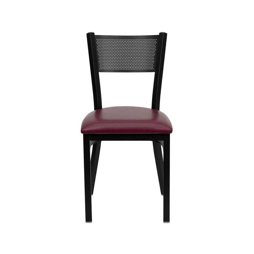 Black Grid Back Metal Restaurant Chair - Burgundy Vinyl Seat