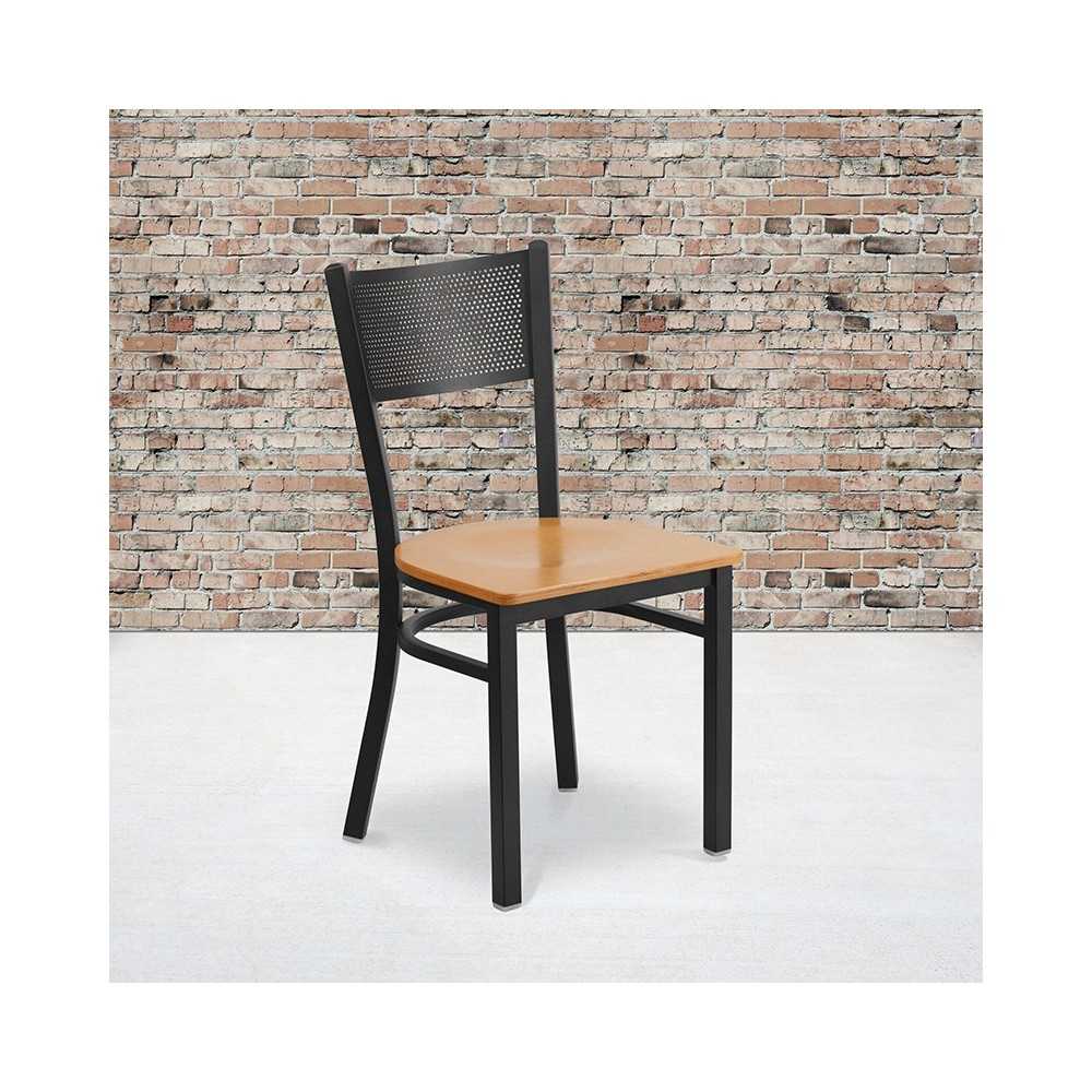 Black Grid Back Metal Restaurant Chair - Natural Wood Seat