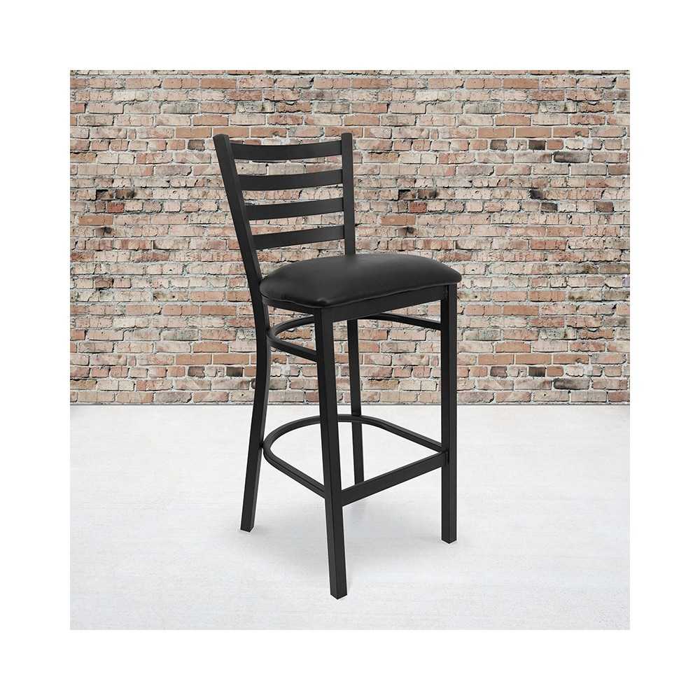 Black Ladder Back Metal Restaurant Barstool - Black Vinyl Seat