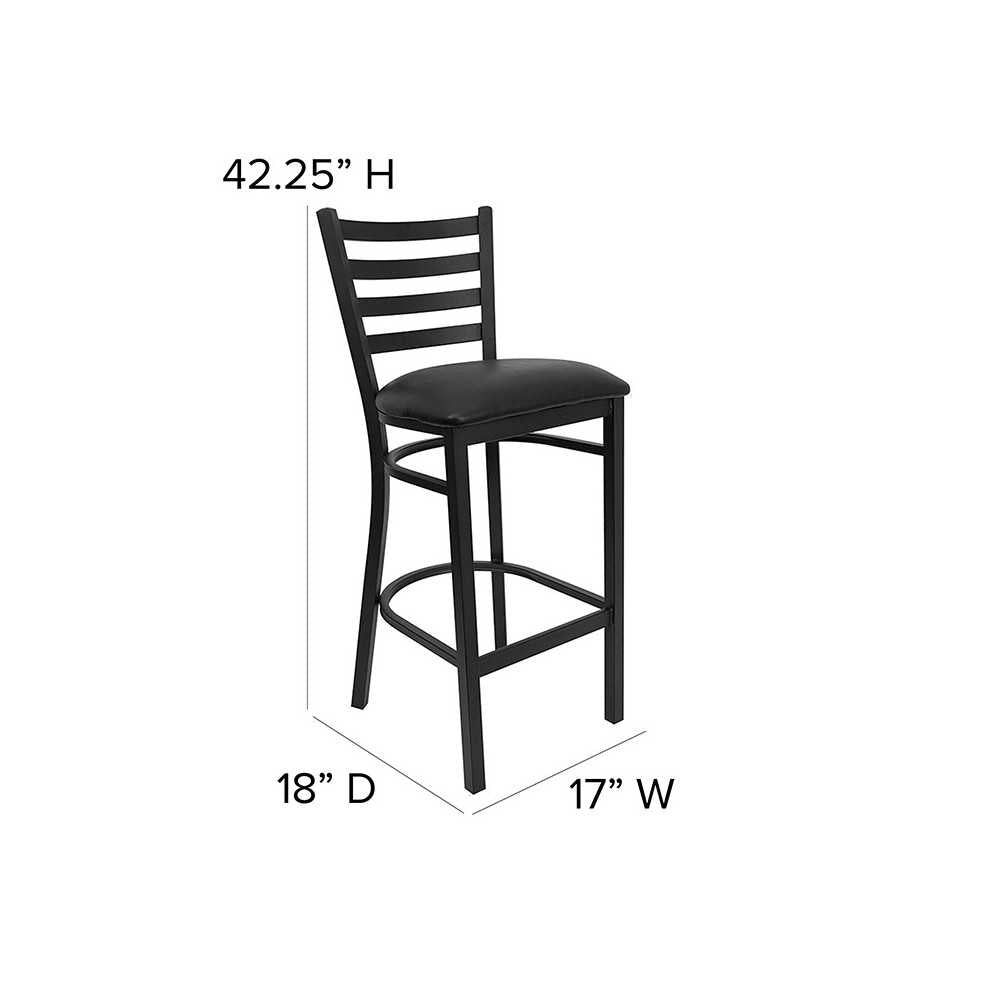 Black Ladder Back Metal Restaurant Barstool - Black Vinyl Seat