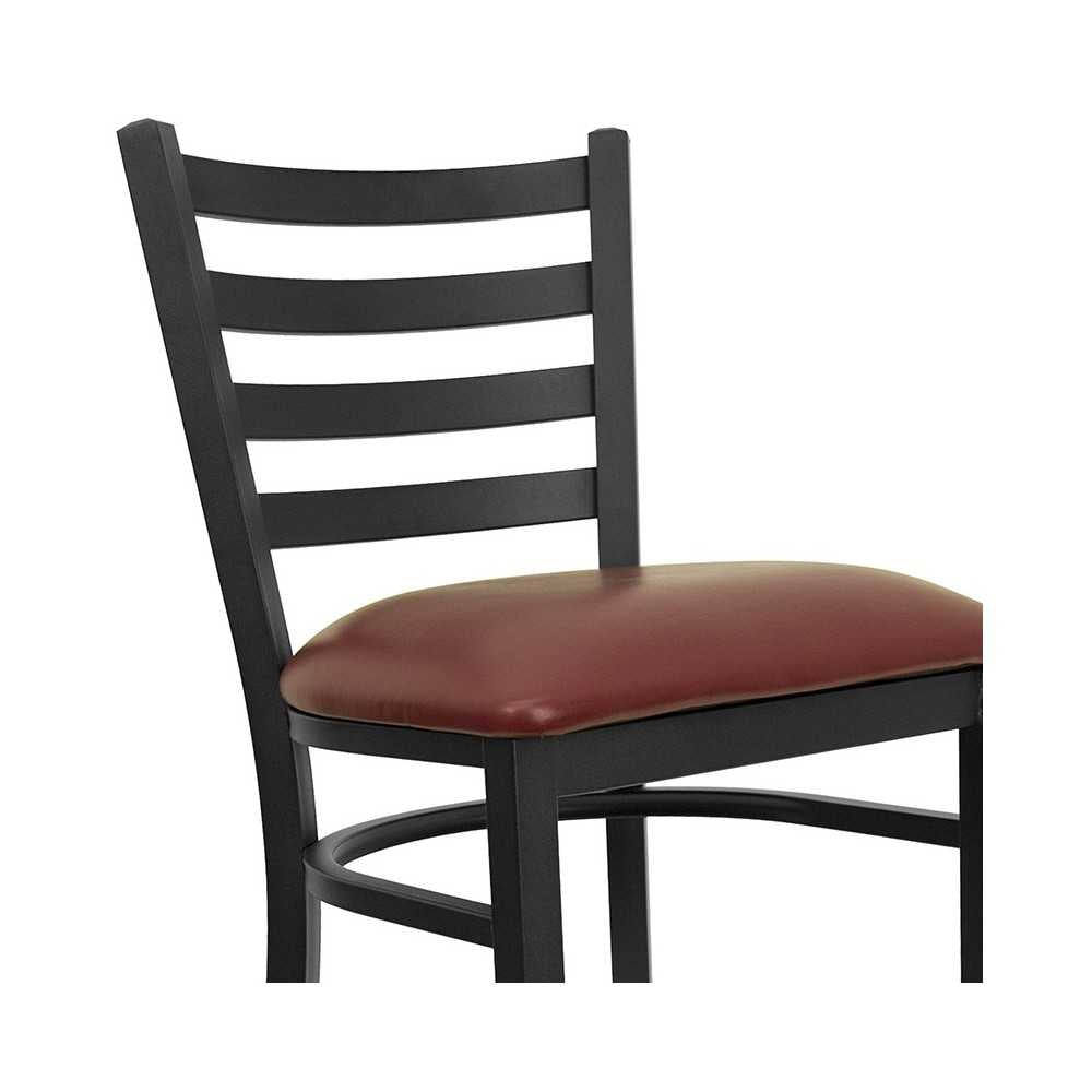 Black Ladder Back Metal Restaurant Barstool - Burgundy Vinyl Seat