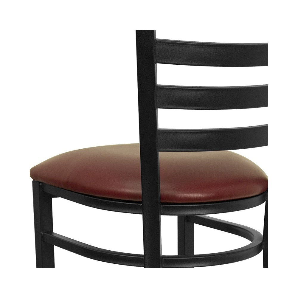 Black Ladder Back Metal Restaurant Barstool - Burgundy Vinyl Seat