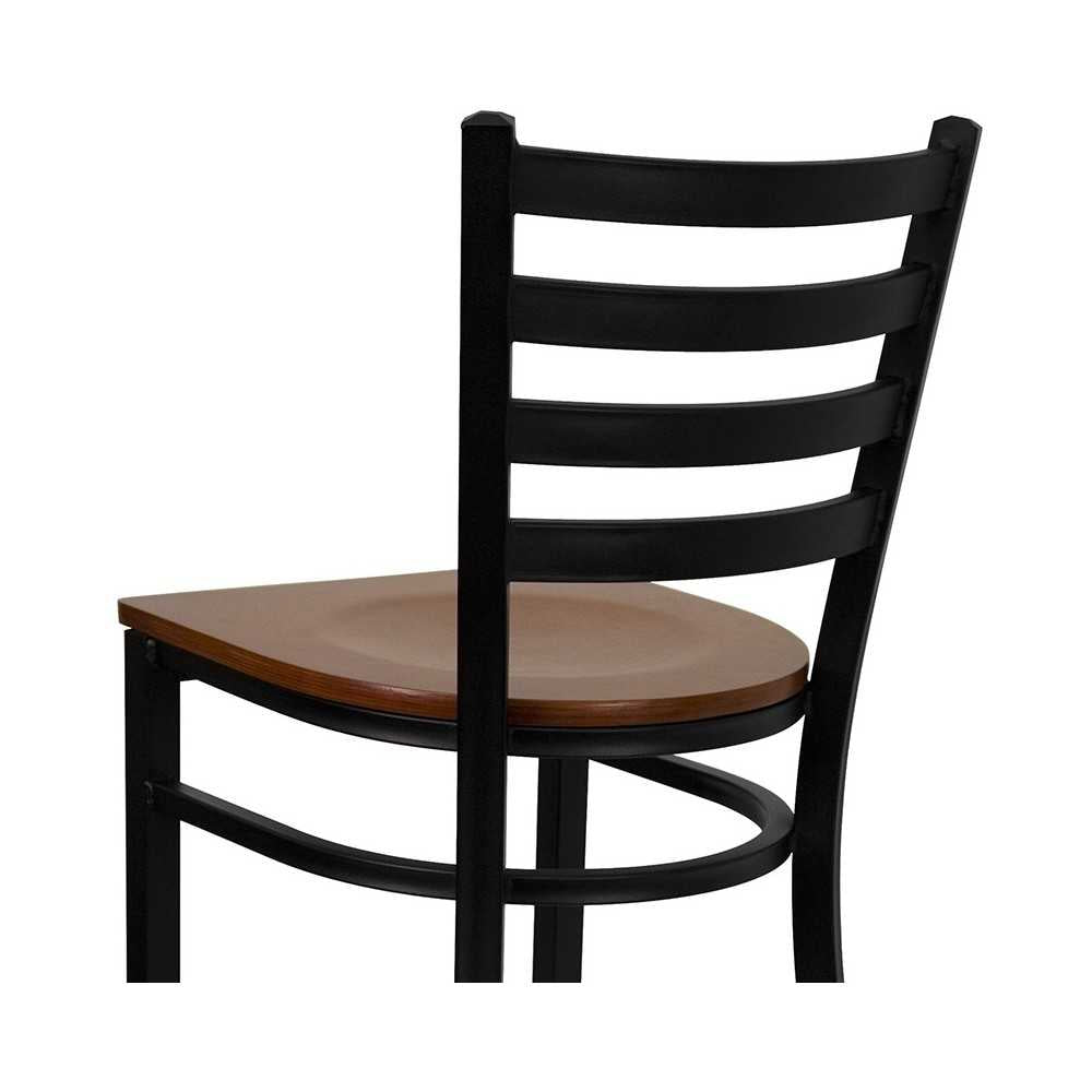 Black Ladder Back Metal Restaurant Barstool - Cherry Wood Seat