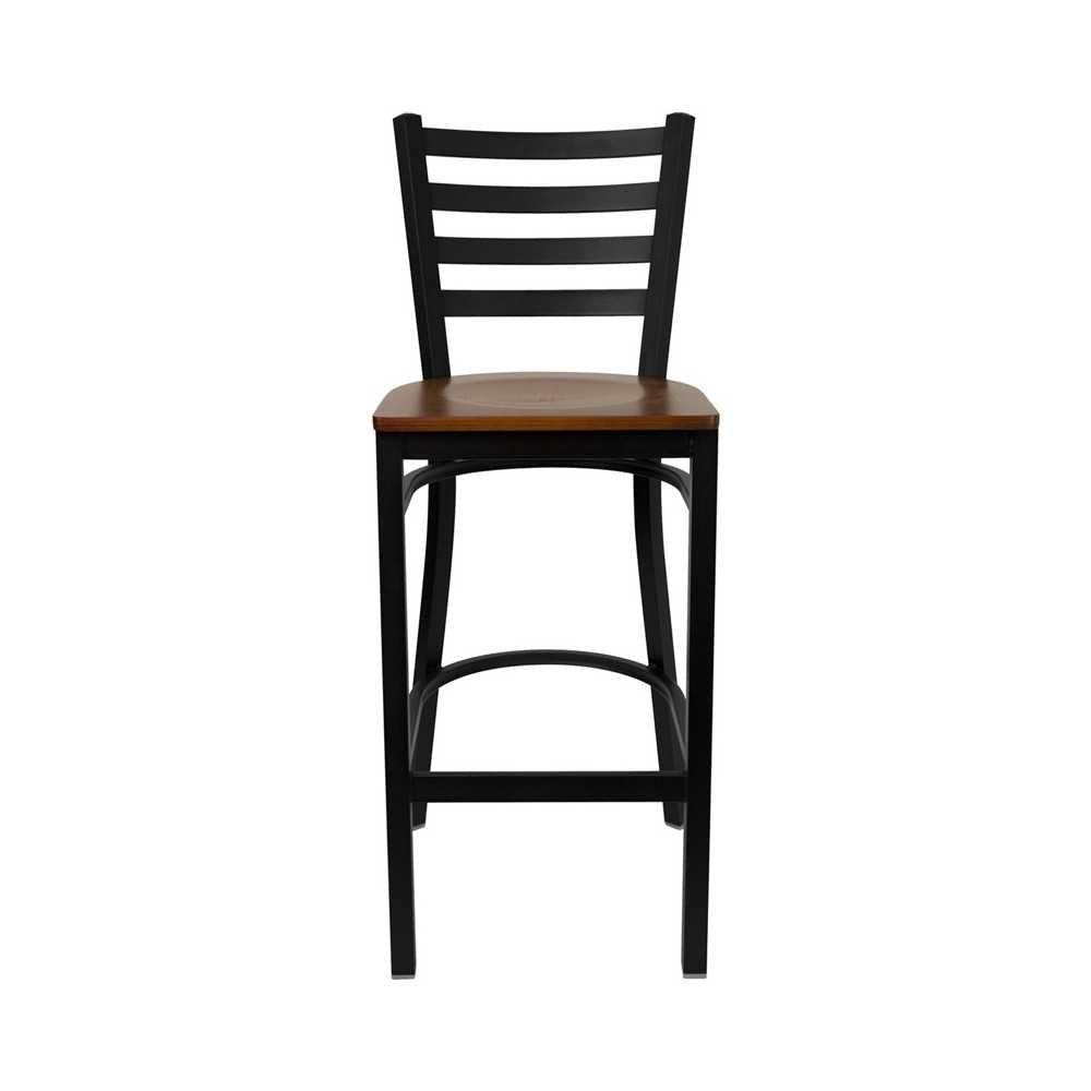 Black Ladder Back Metal Restaurant Barstool - Cherry Wood Seat