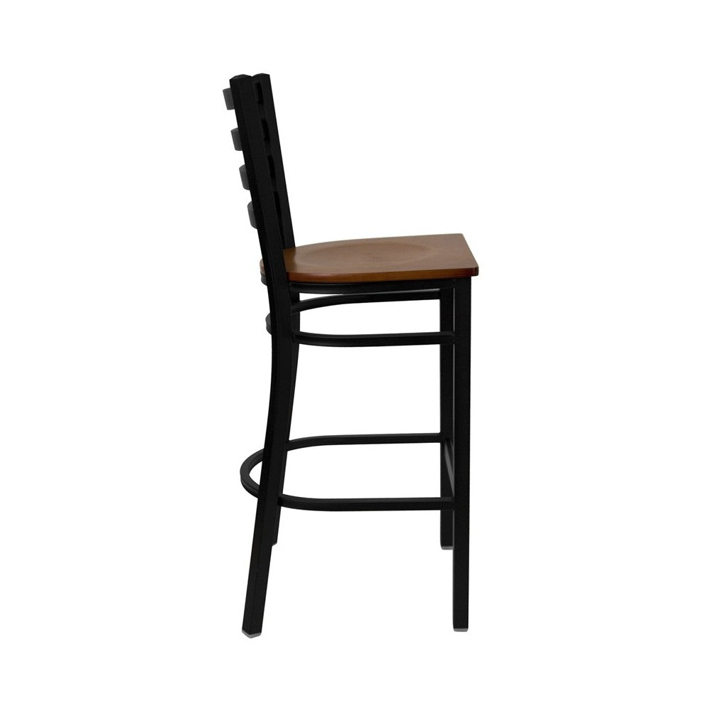 Black Ladder Back Metal Restaurant Barstool - Cherry Wood Seat