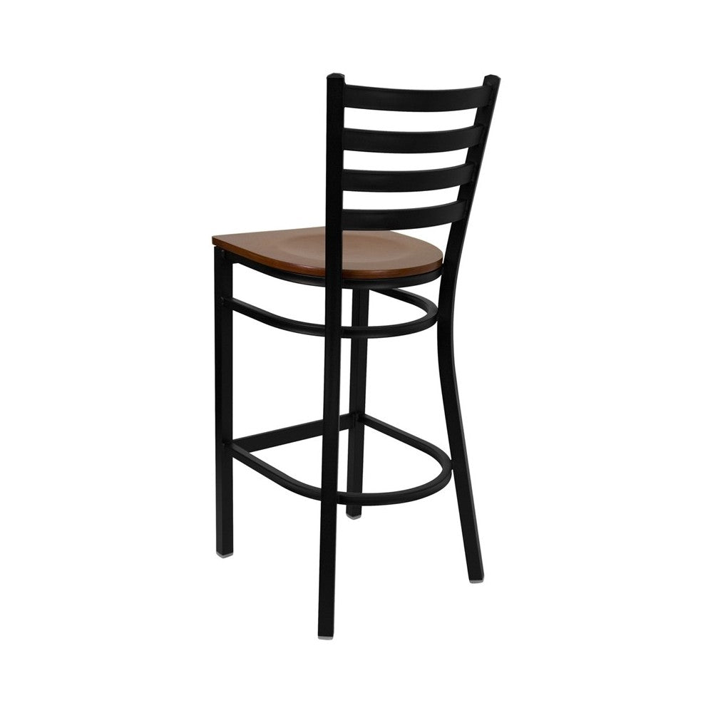 Black Ladder Back Metal Restaurant Barstool - Cherry Wood Seat