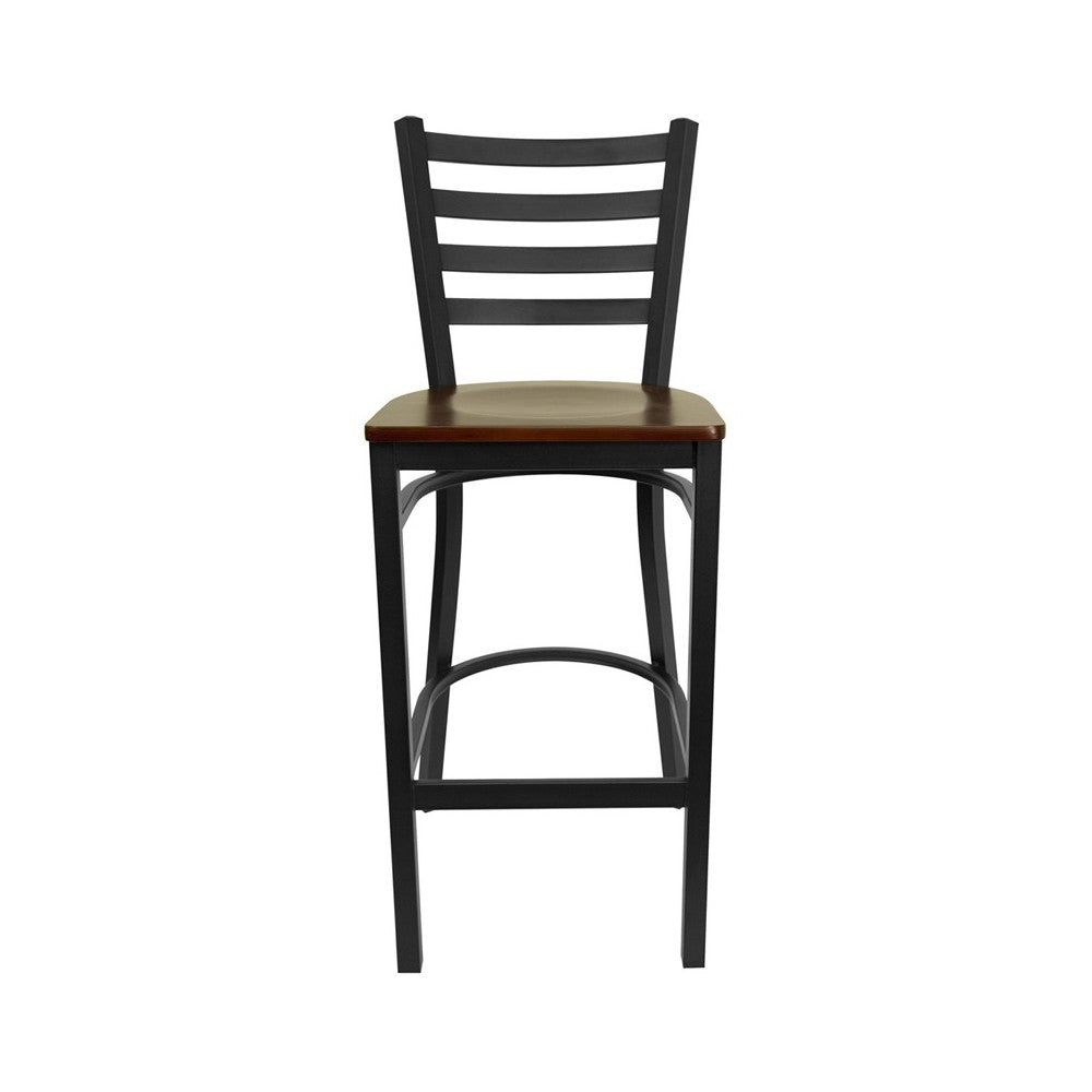 Black Ladder Back Metal Restaurant Barstool - Mahogany Wood Seat