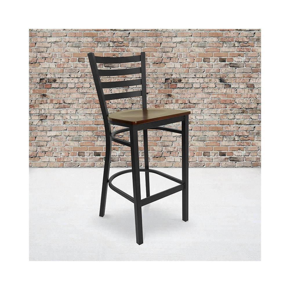 Black Ladder Back Metal Restaurant Barstool - Mahogany Wood Seat
