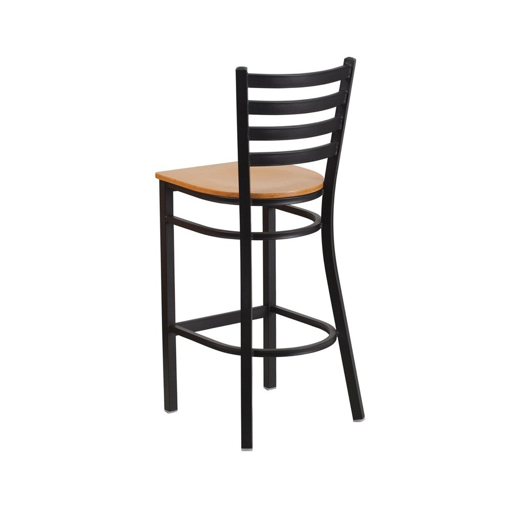 Black Ladder Back Metal Restaurant Barstool - Natural Wood Seat