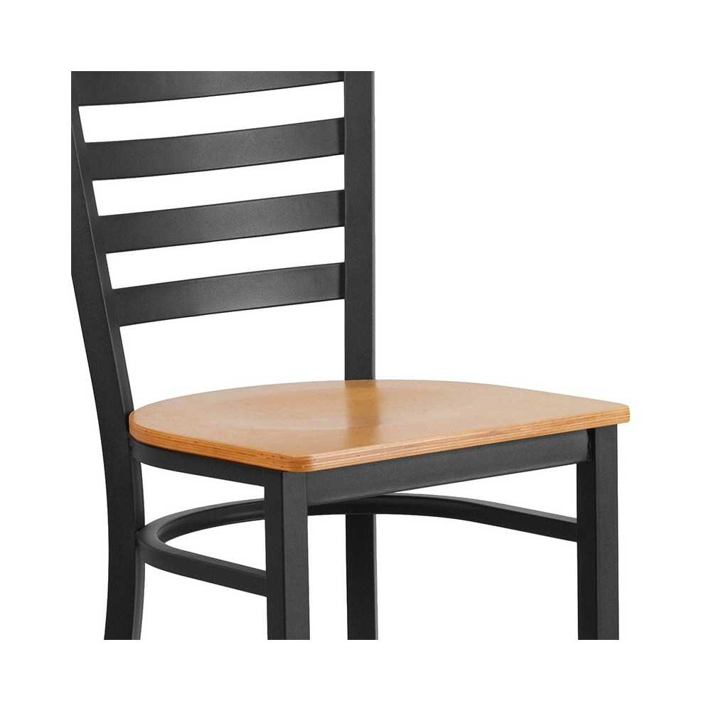 Black Ladder Back Metal Restaurant Barstool - Natural Wood Seat