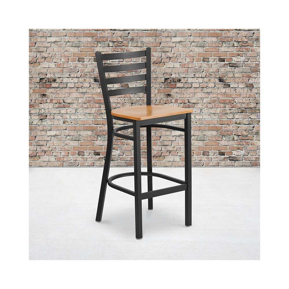 Black Ladder Back Metal Restaurant Barstool - Natural Wood Seat
