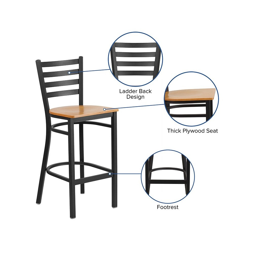 Black Ladder Back Metal Restaurant Barstool - Natural Wood Seat