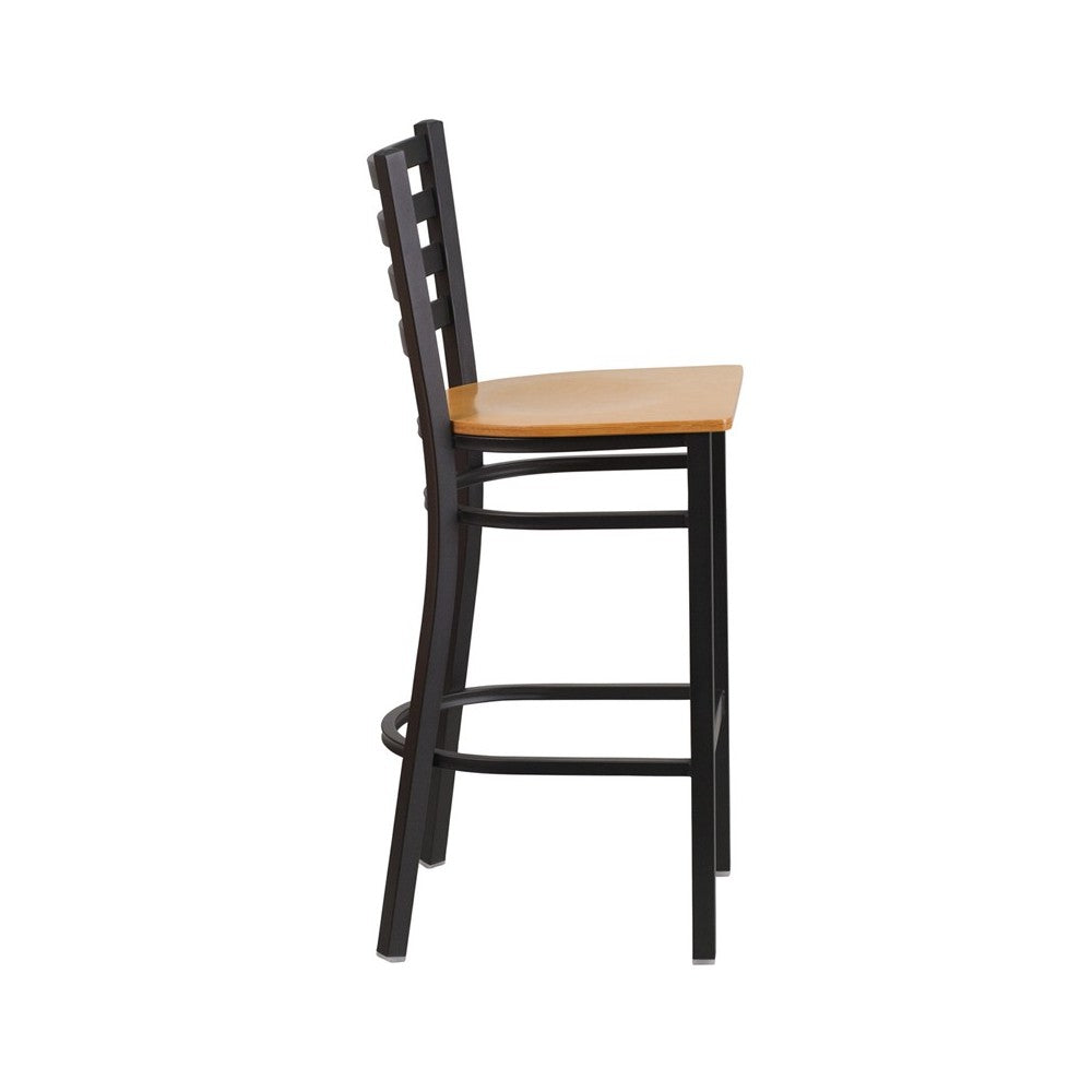 Black Ladder Back Metal Restaurant Barstool - Natural Wood Seat