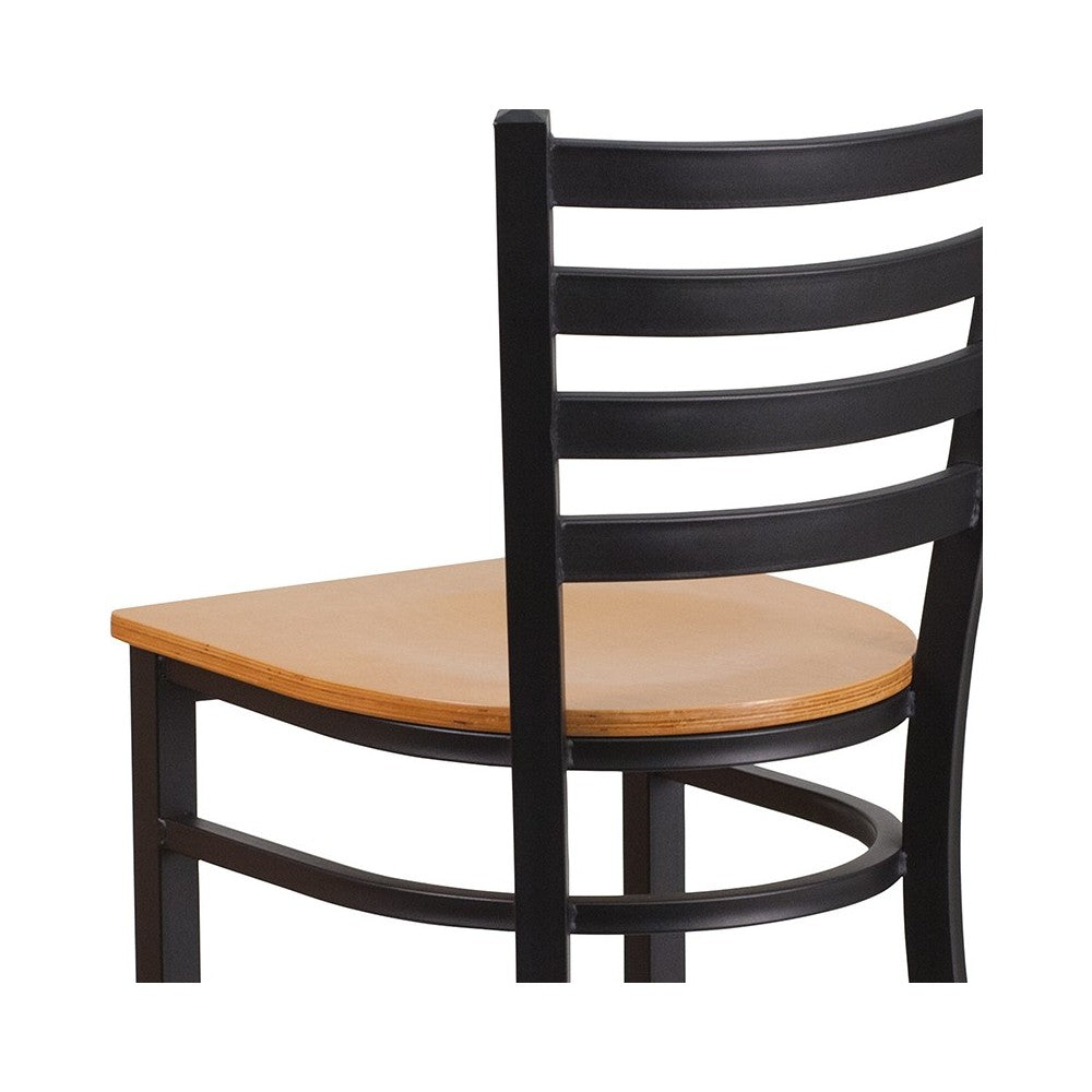 Black Ladder Back Metal Restaurant Barstool - Natural Wood Seat