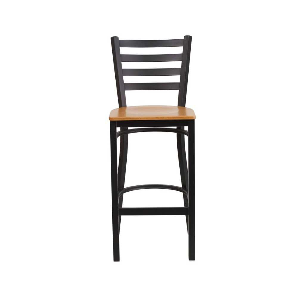 Black Ladder Back Metal Restaurant Barstool - Natural Wood Seat