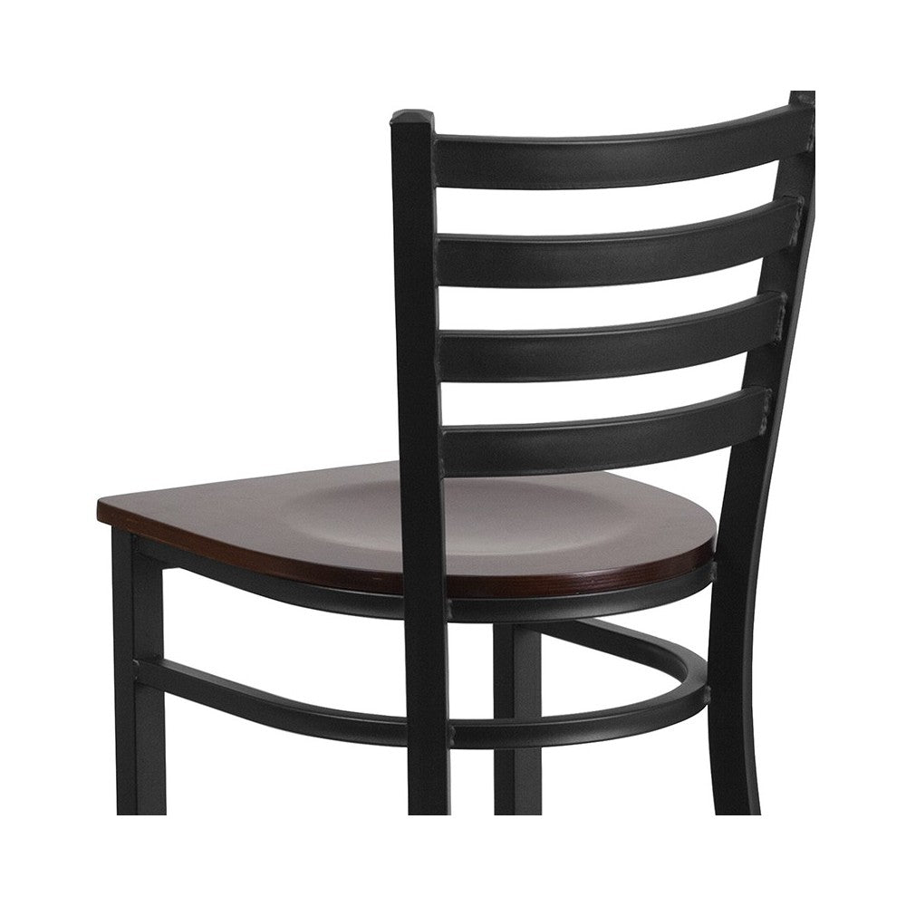 Black Ladder Back Metal Restaurant Barstool - Walnut Wood Seat
