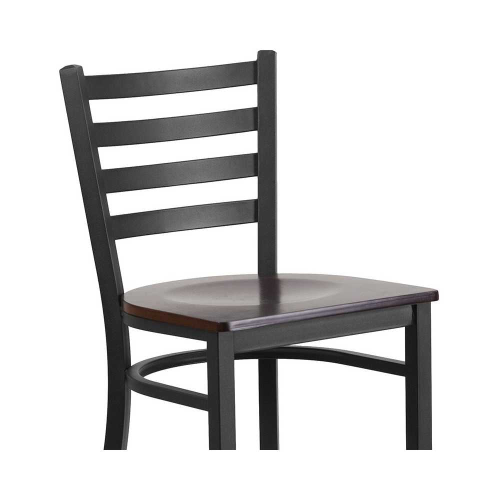 Black Ladder Back Metal Restaurant Barstool - Walnut Wood Seat