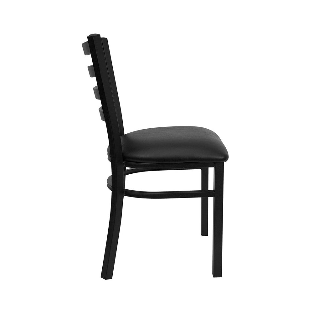 Black Ladder Back Metal Restaurant Chair - Black Vinyl Seat