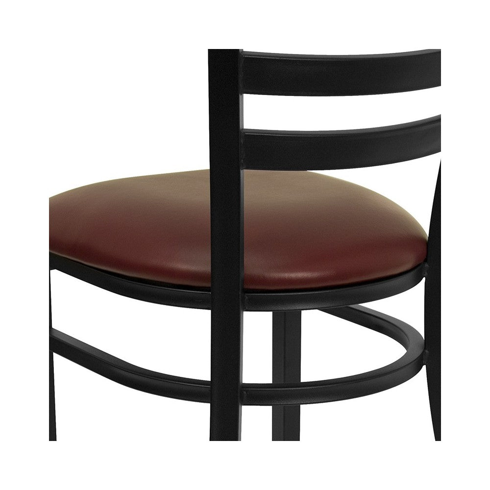 Black Ladder Back Metal Restaurant Chair - Burgundy Vinyl Seat