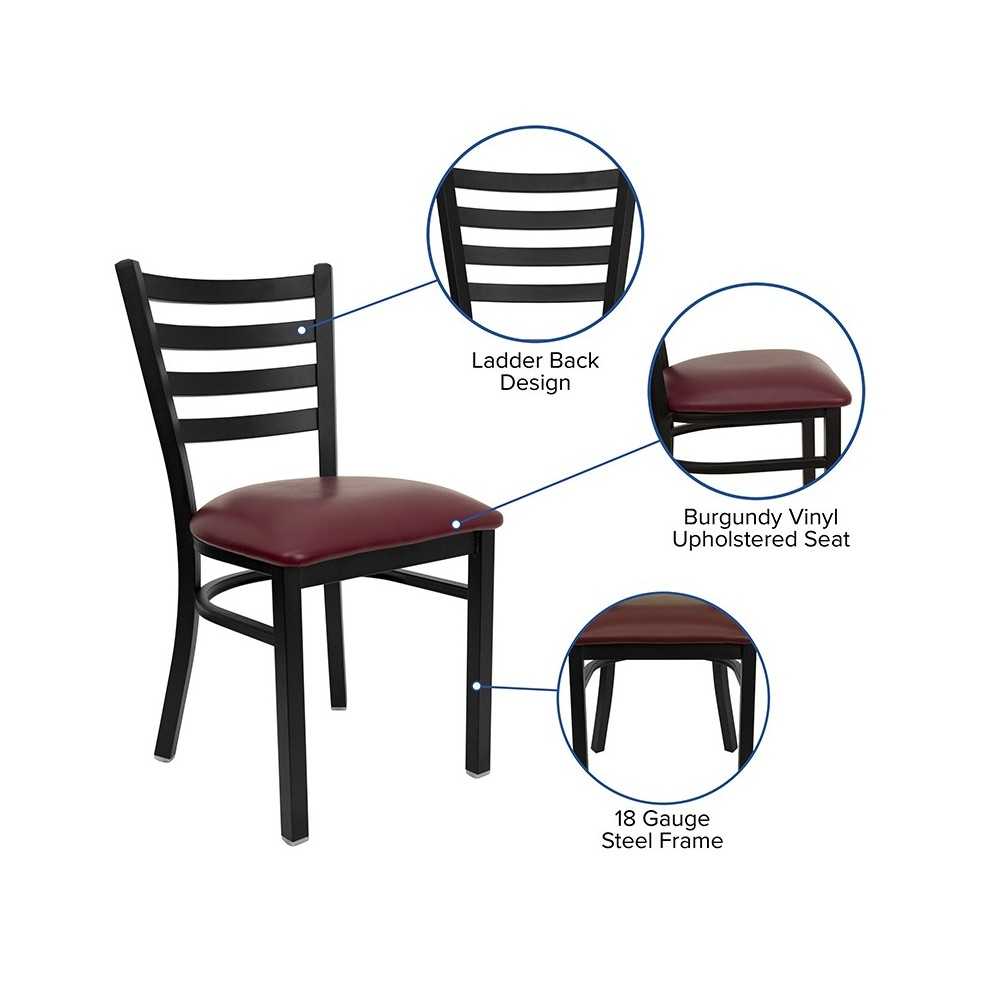 Black Ladder Back Metal Restaurant Chair - Burgundy Vinyl Seat