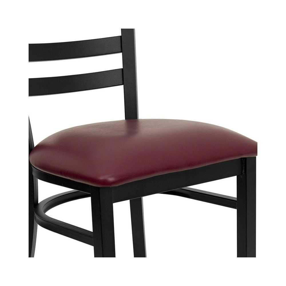 Black Ladder Back Metal Restaurant Chair - Burgundy Vinyl Seat