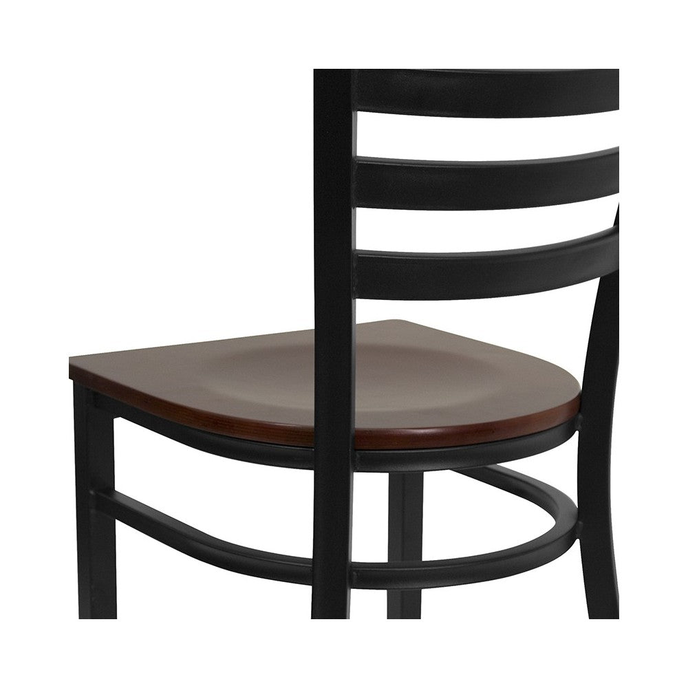 Black Ladder Back Metal Restaurant Chair - Mahogany Wood Seat