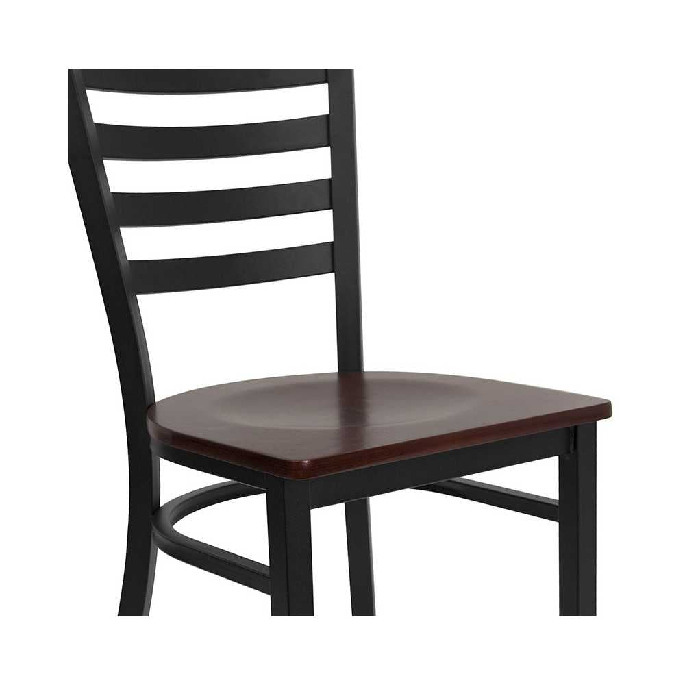 Black Ladder Back Metal Restaurant Chair - Mahogany Wood Seat