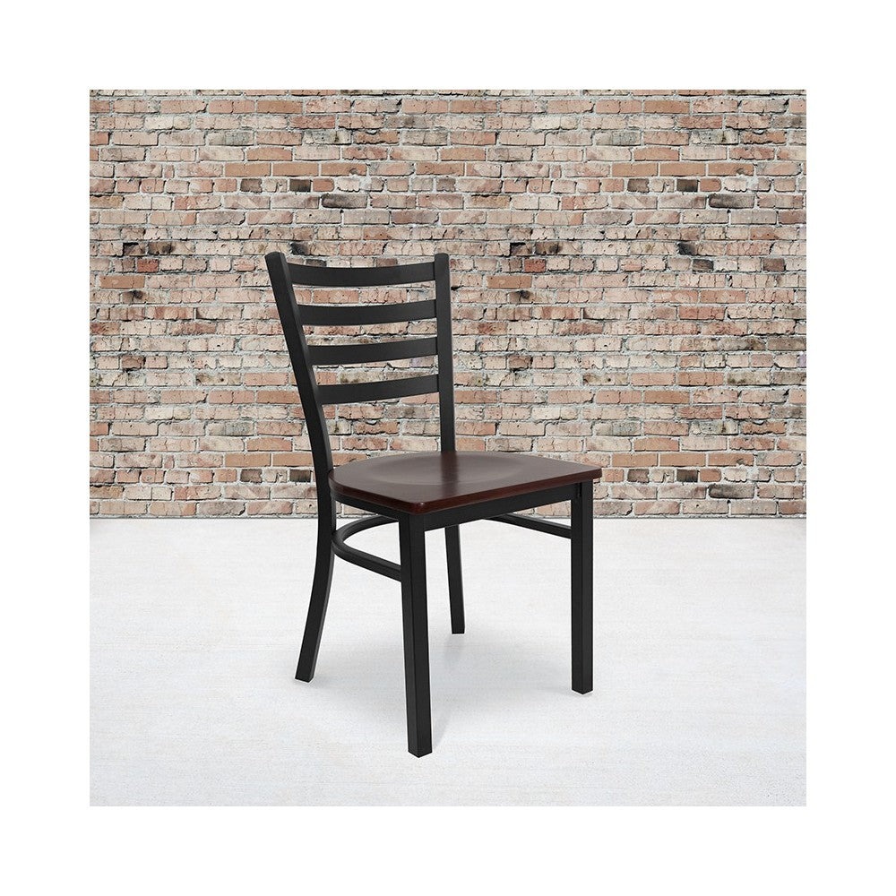 Black Ladder Back Metal Restaurant Chair - Mahogany Wood Seat