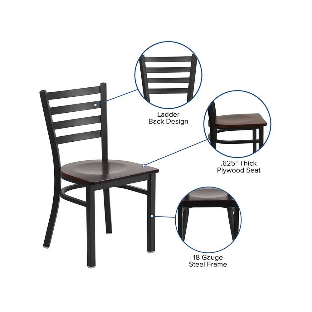Black Ladder Back Metal Restaurant Chair - Mahogany Wood Seat