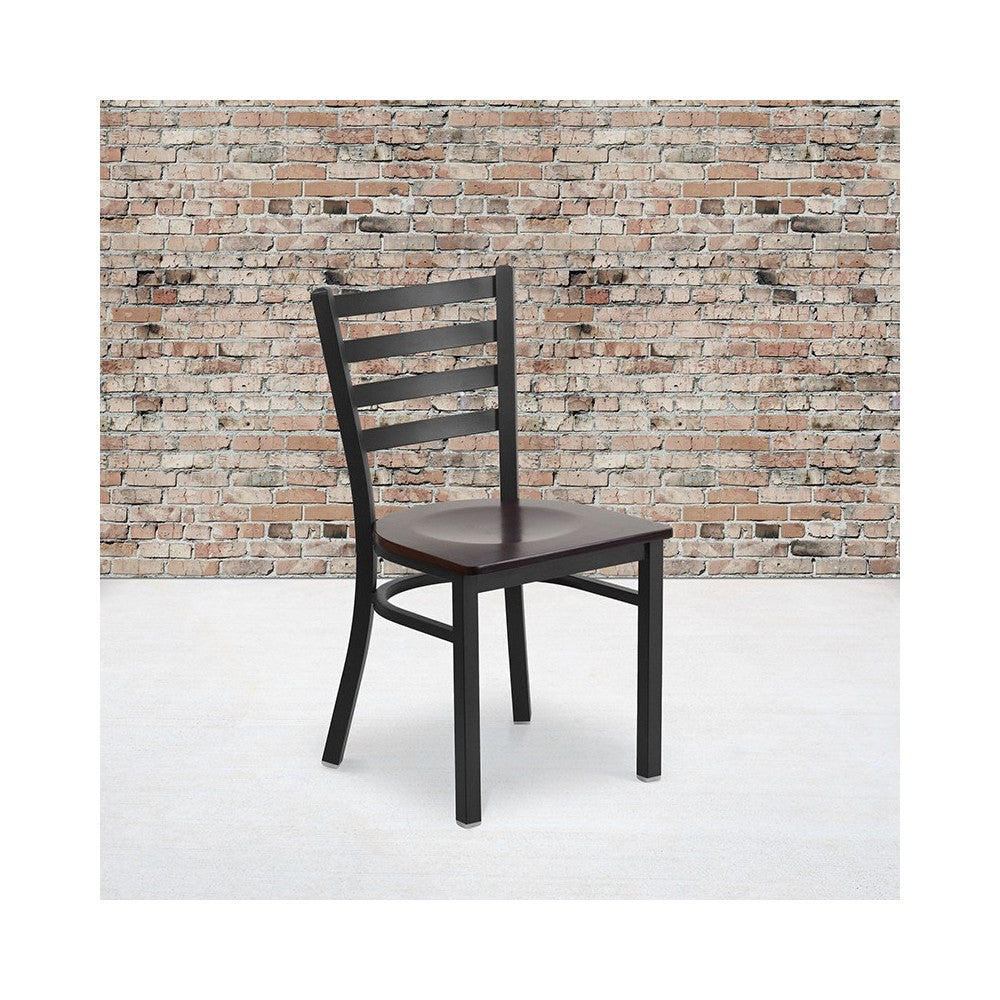 Black Ladder Back Metal Restaurant Chair - Walnut Wood Seat