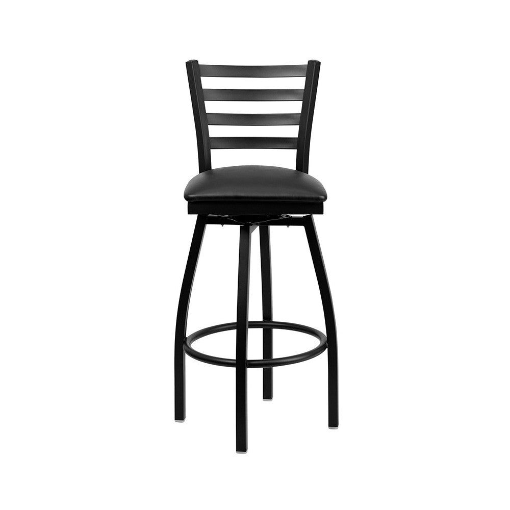 Black Ladder Back Swivel Metal Barstool - Black Vinyl Seat