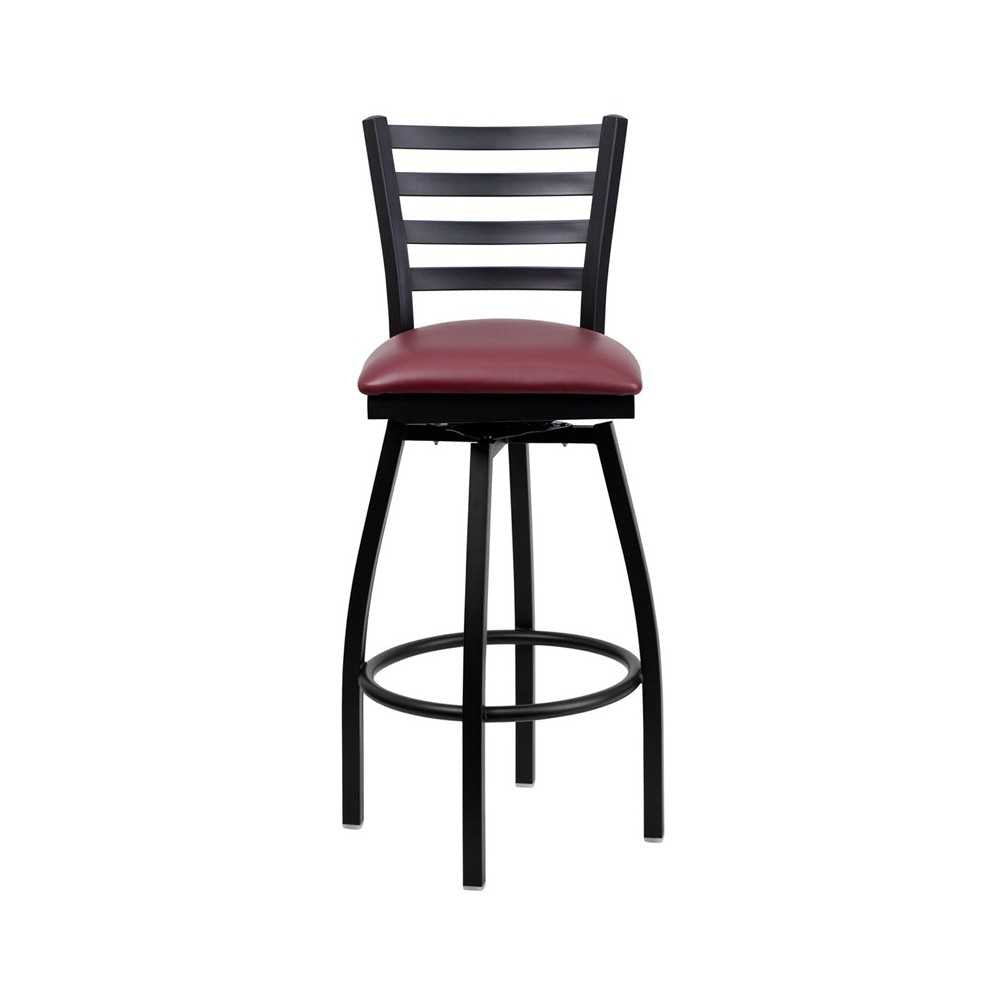 Black Ladder Back Swivel Metal Barstool - Burgundy Vinyl Seat
