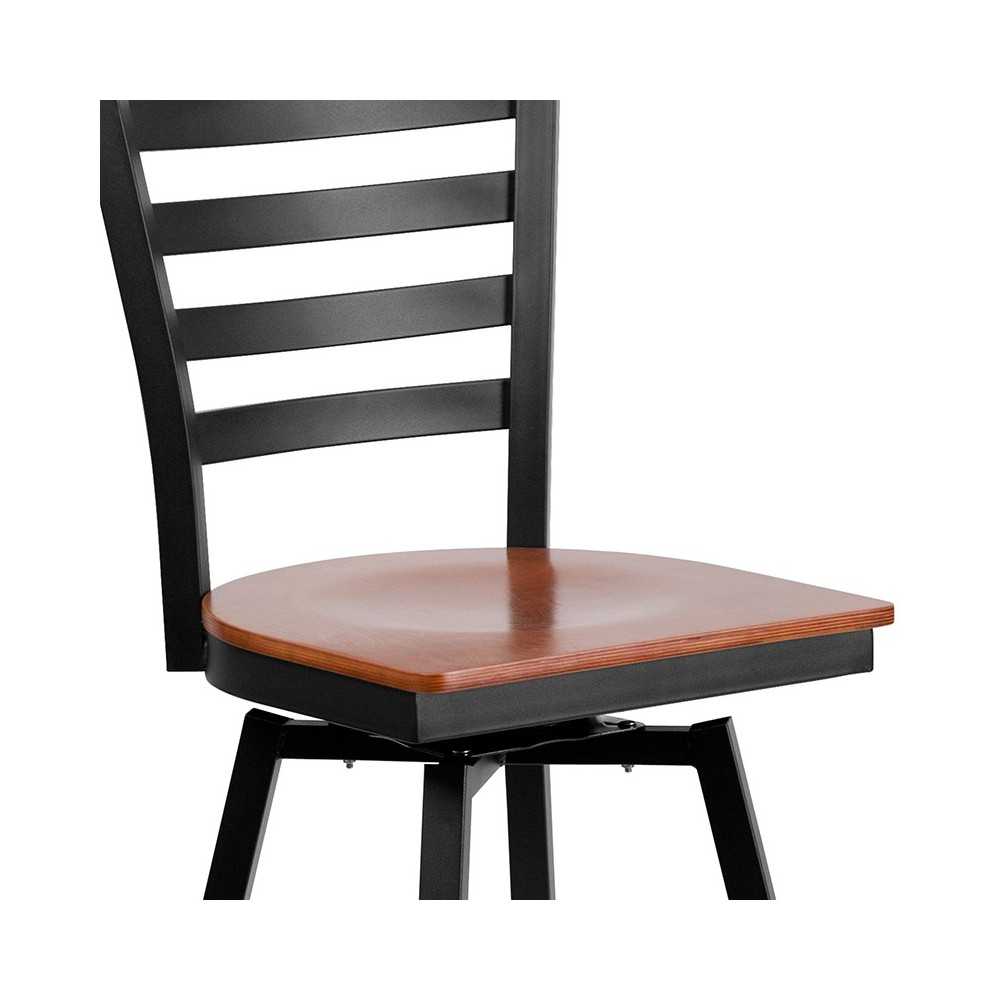 Black Ladder Back Swivel Metal Barstool - Cherry Wood Seat