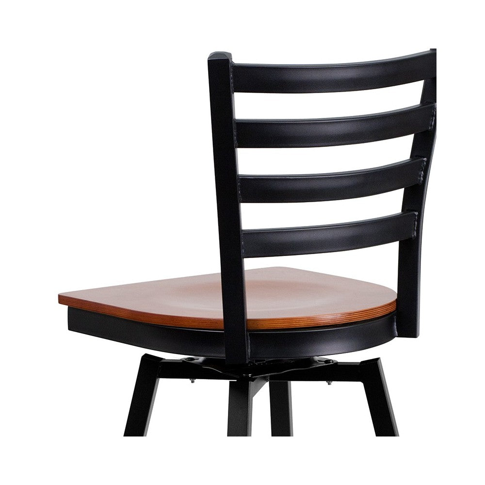 Black Ladder Back Swivel Metal Barstool - Cherry Wood Seat