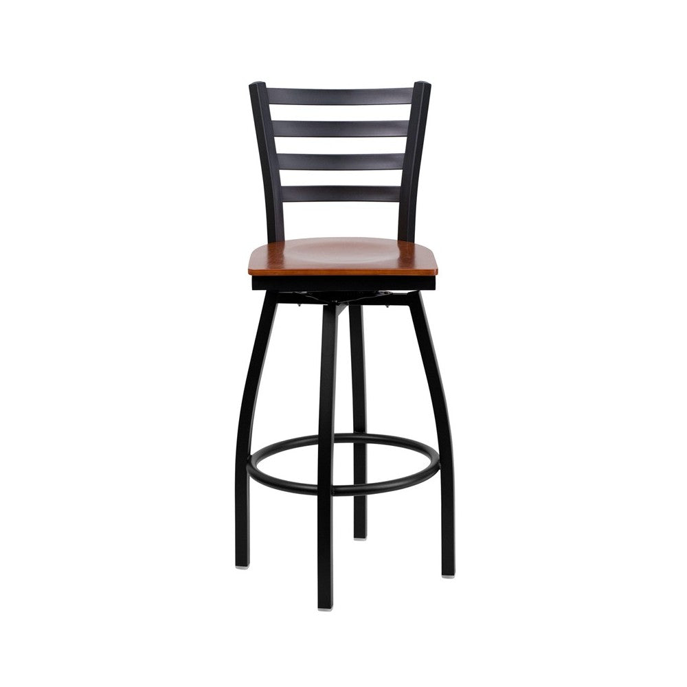 Black Ladder Back Swivel Metal Barstool - Cherry Wood Seat