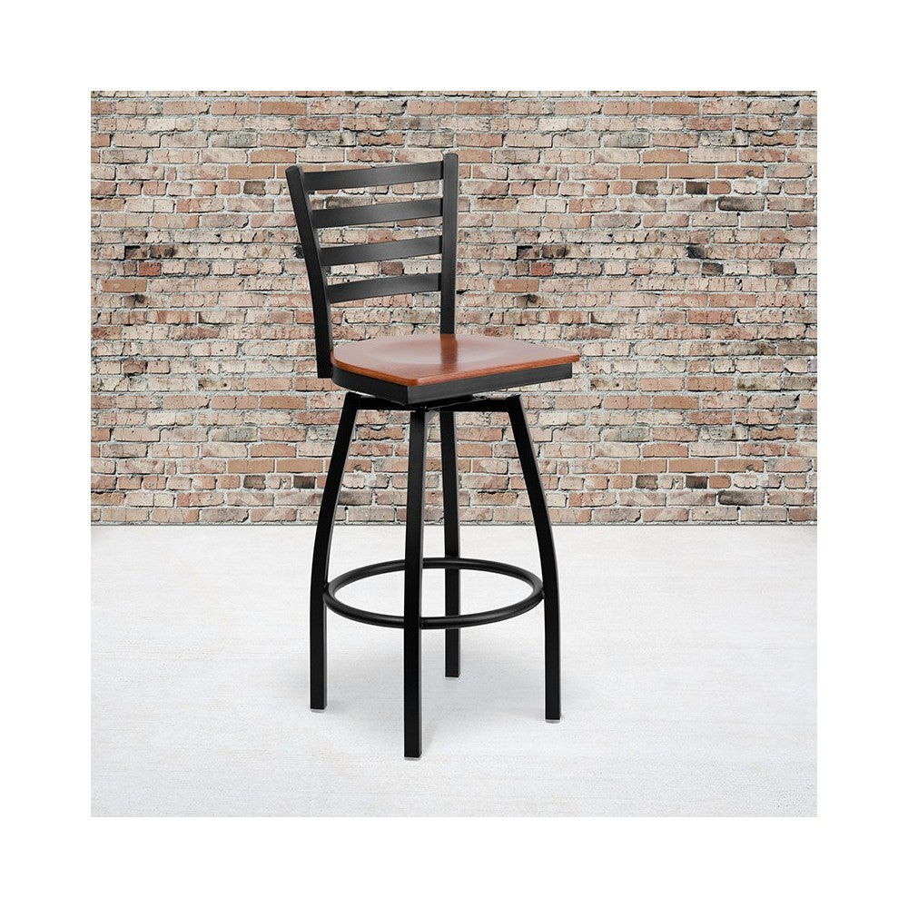 Black Ladder Back Swivel Metal Barstool - Cherry Wood Seat