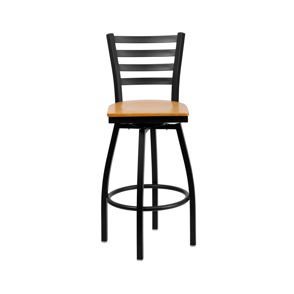 Black Ladder Back Swivel Metal Barstool - Natural Wood Seat