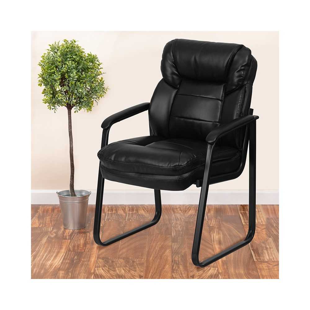 Black LeatherSoft Executive Side Reception Chair with Lumbar Support and Sled Base
