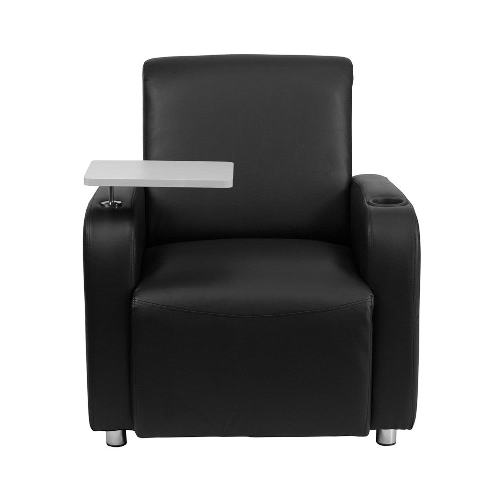 Black LeatherSoft Guest Chair with Tablet Arm, Chrome Legs and Cup Holder