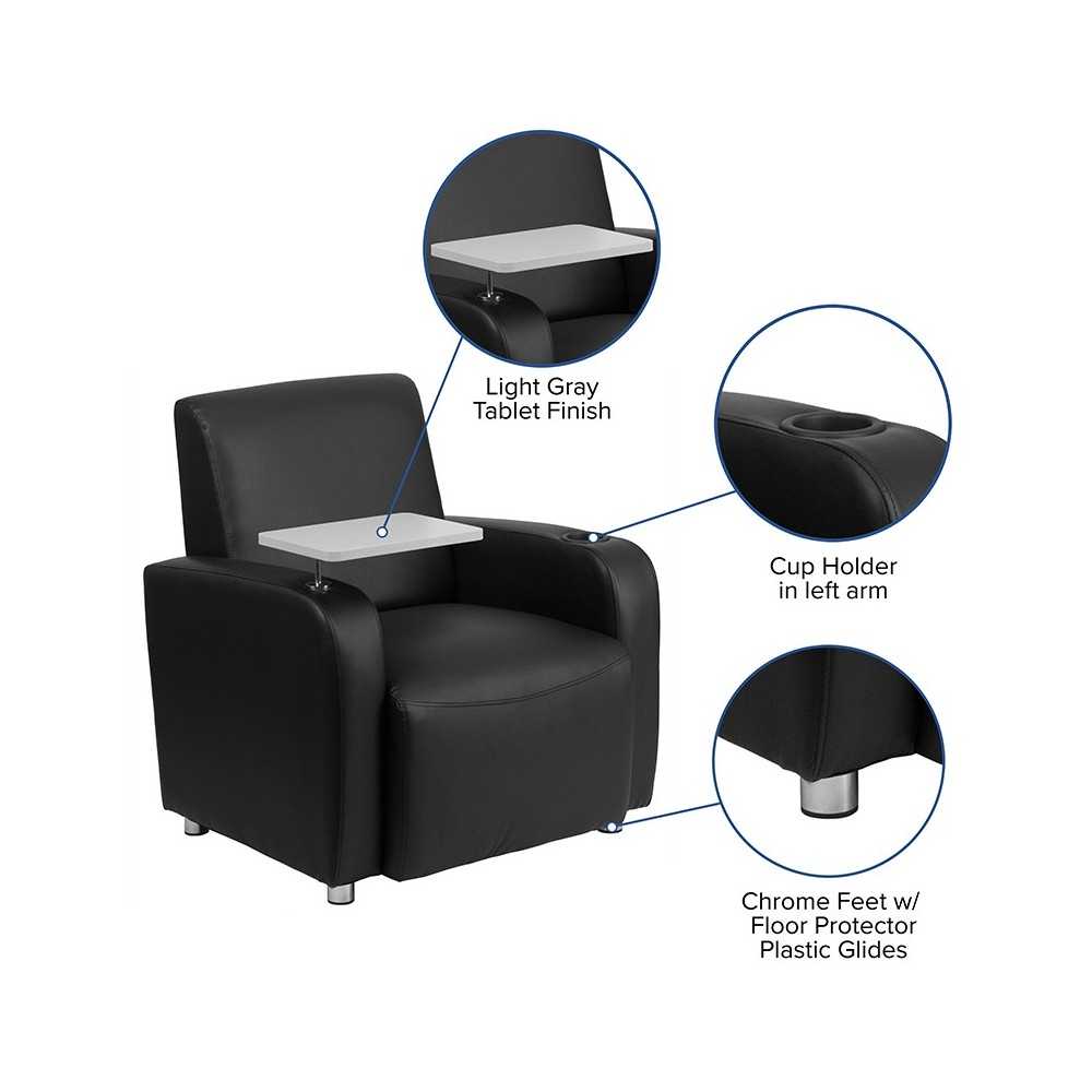 Black LeatherSoft Guest Chair with Tablet Arm, Chrome Legs and Cup Holder