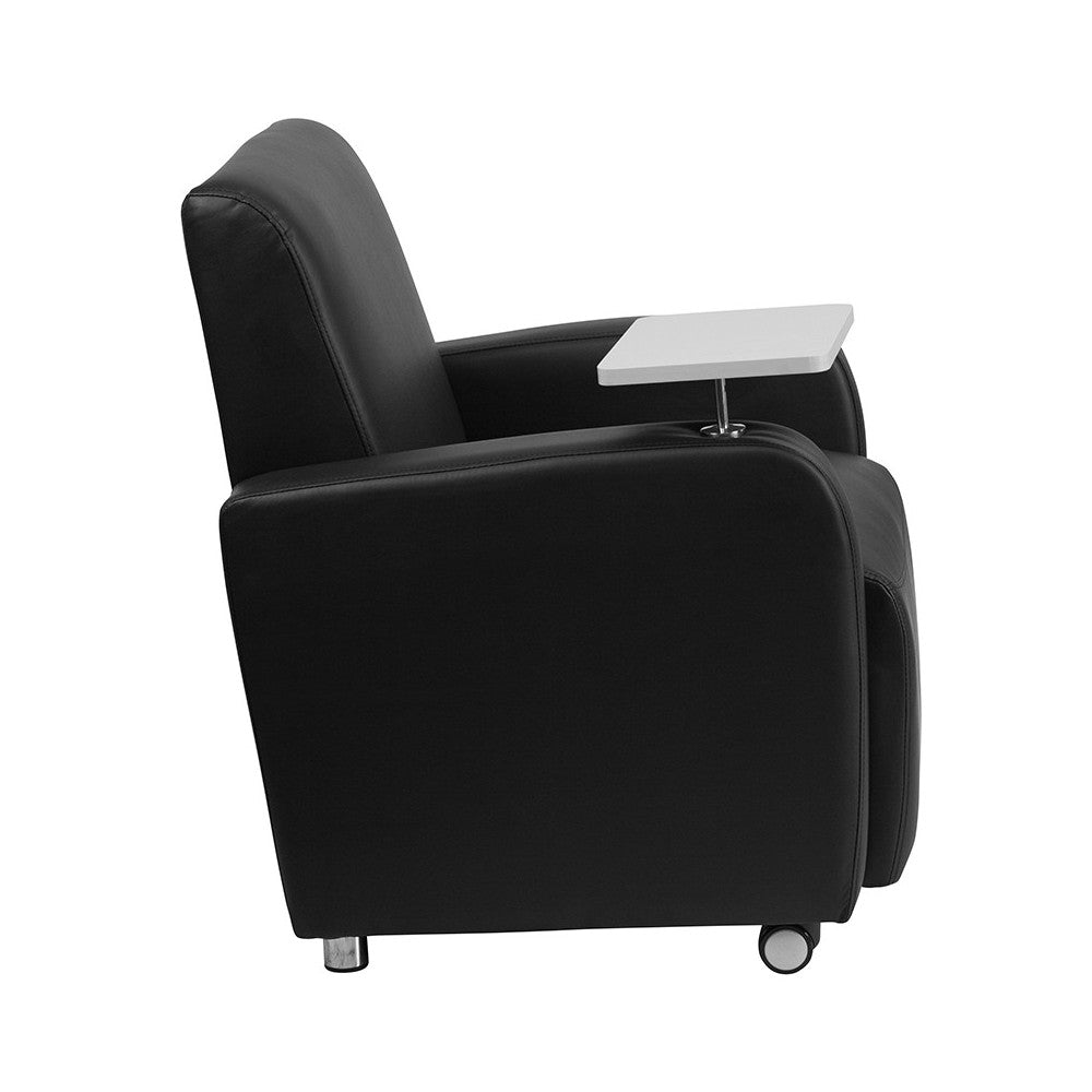 Black LeatherSoft Guest Chair with Tablet Arm, Front Wheel Casters and Cup Holder
