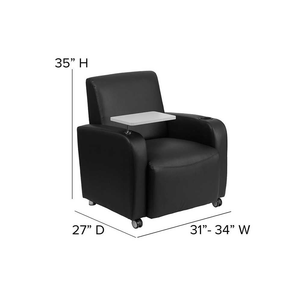 Black LeatherSoft Guest Chair with Tablet Arm, Front Wheel Casters and Cup Holder