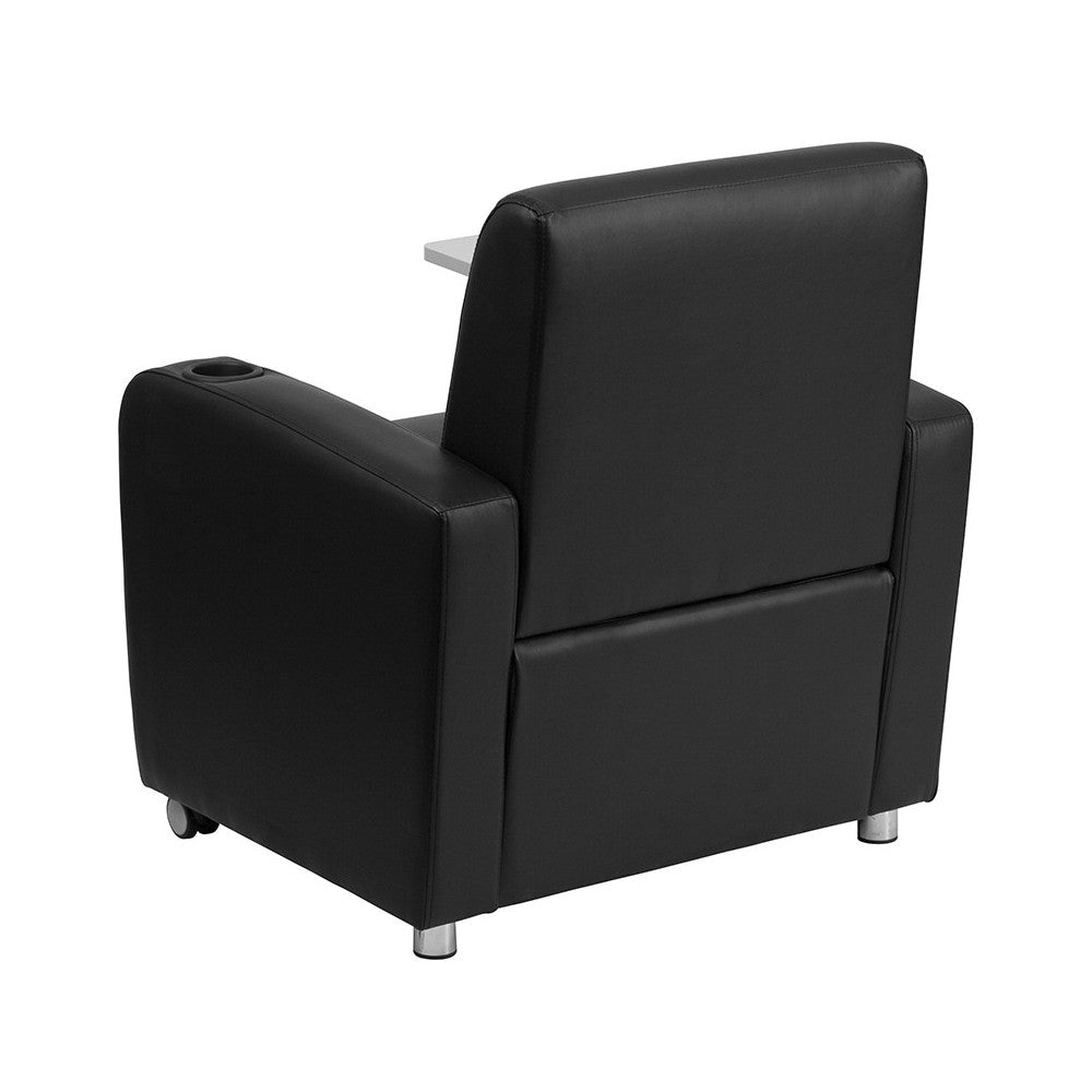 Black LeatherSoft Guest Chair with Tablet Arm, Front Wheel Casters and Cup Holder