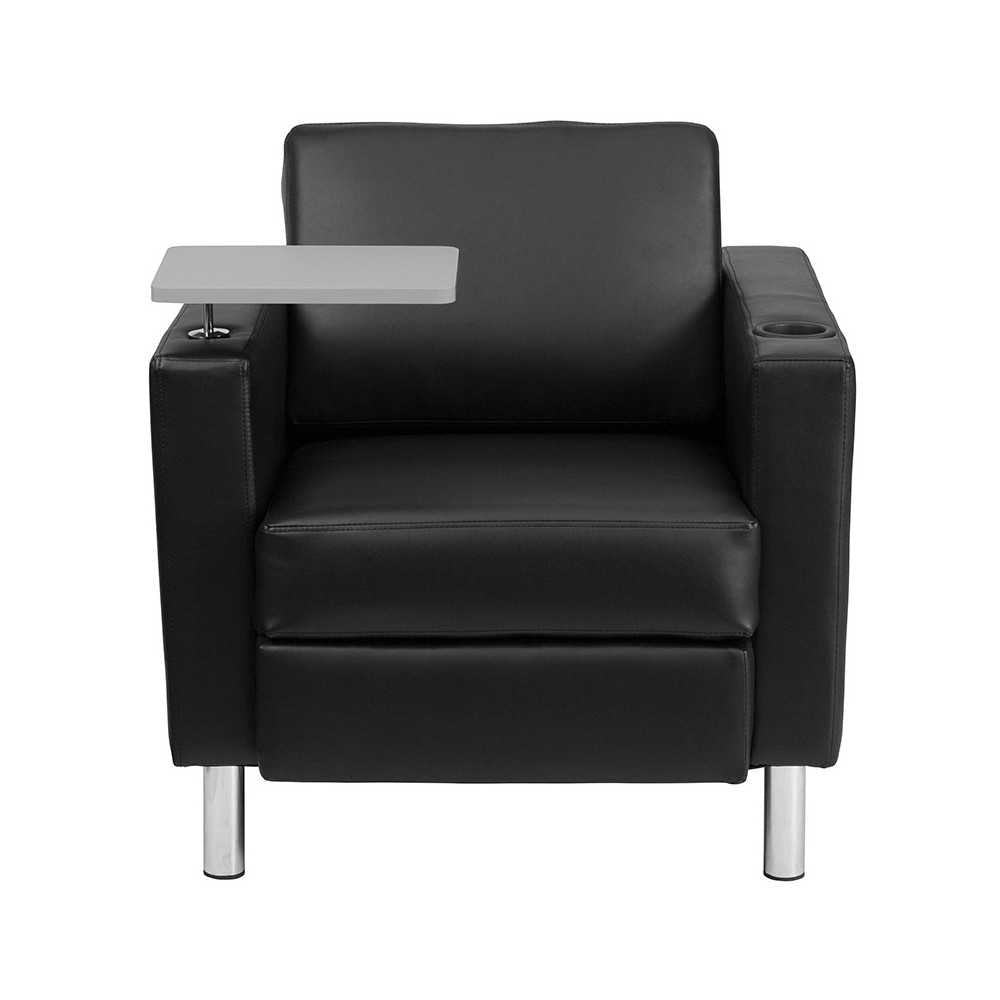 Black LeatherSoft Guest Chair with Tablet Arm, Tall Chrome Legs and Cup Holder