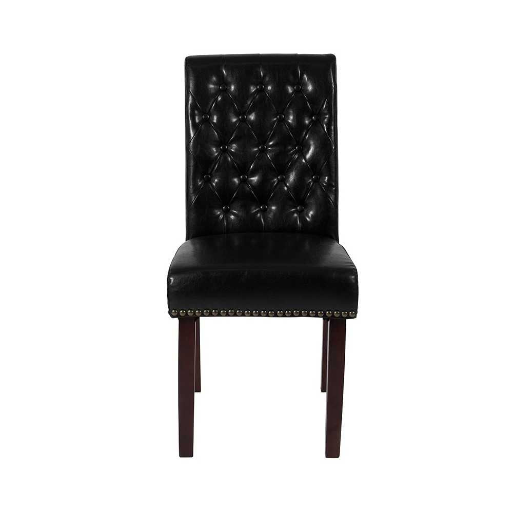 Black LeatherSoft Parsons Chair with Rolled Back, Accent Nail Trim and Walnut Finish