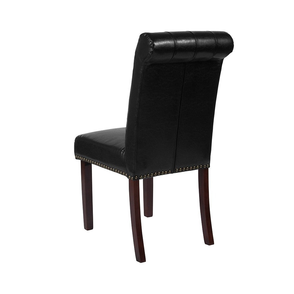 Black LeatherSoft Parsons Chair with Rolled Back, Accent Nail Trim and Walnut Finish
