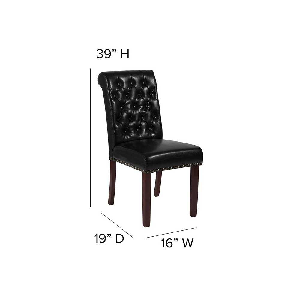 Black LeatherSoft Parsons Chair with Rolled Back, Accent Nail Trim and Walnut Finish