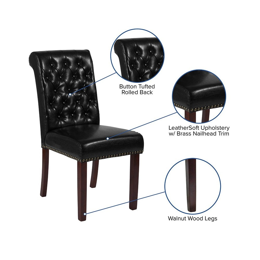 Black LeatherSoft Parsons Chair with Rolled Back, Accent Nail Trim and Walnut Finish